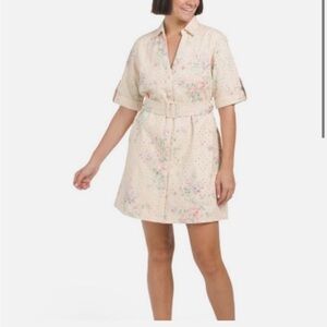 Vintage Solitaire eyelet mini shirt dress ivory floral belted feminine large
